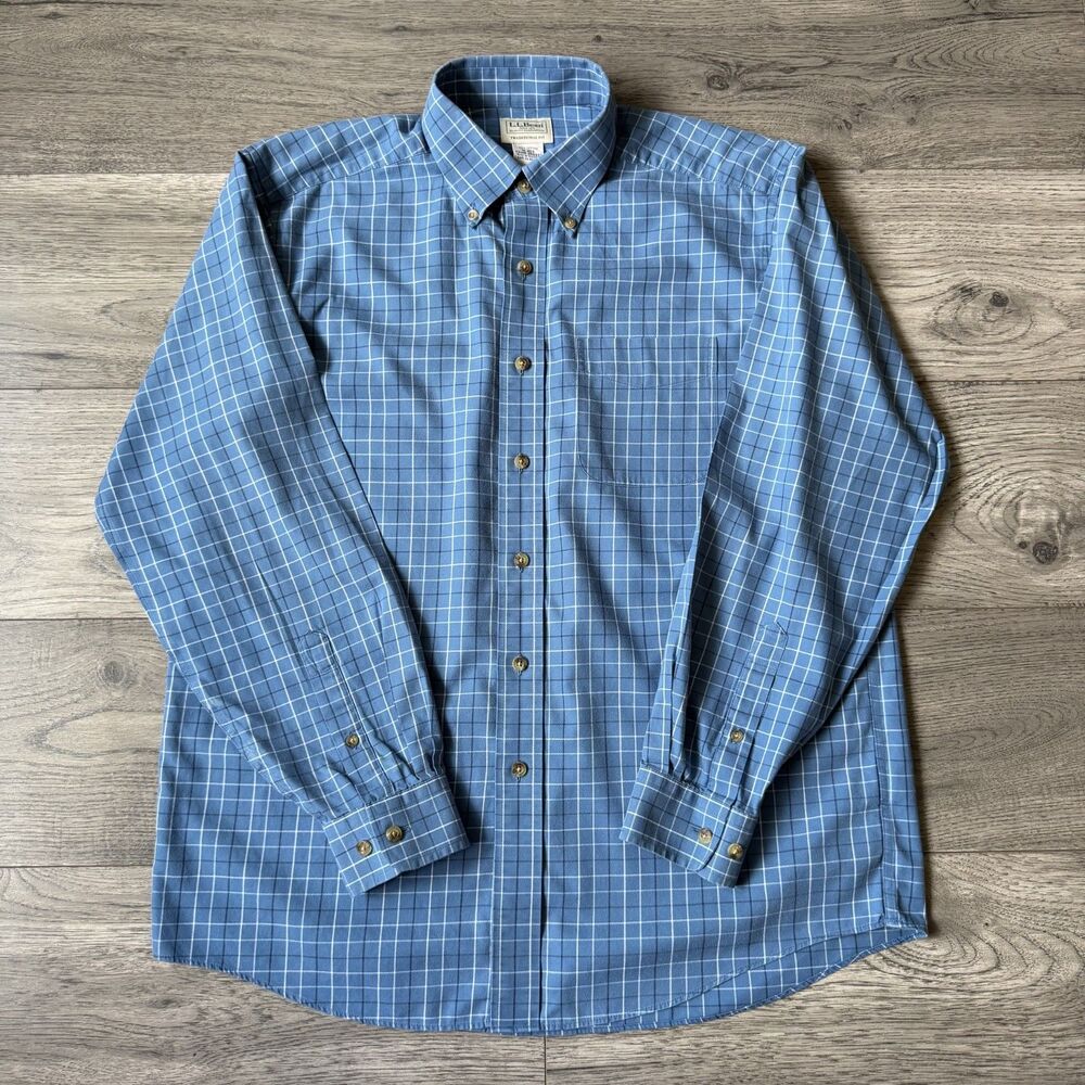 LL‎ Bean Men's Blue Plaid Wrinkle-Resistant Button-Down Shirt - Size Medium
